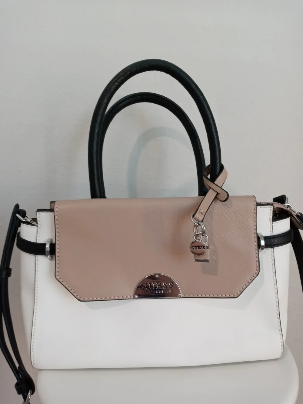GUESS Two-Tone White and Taupe Top-Handle Satchel